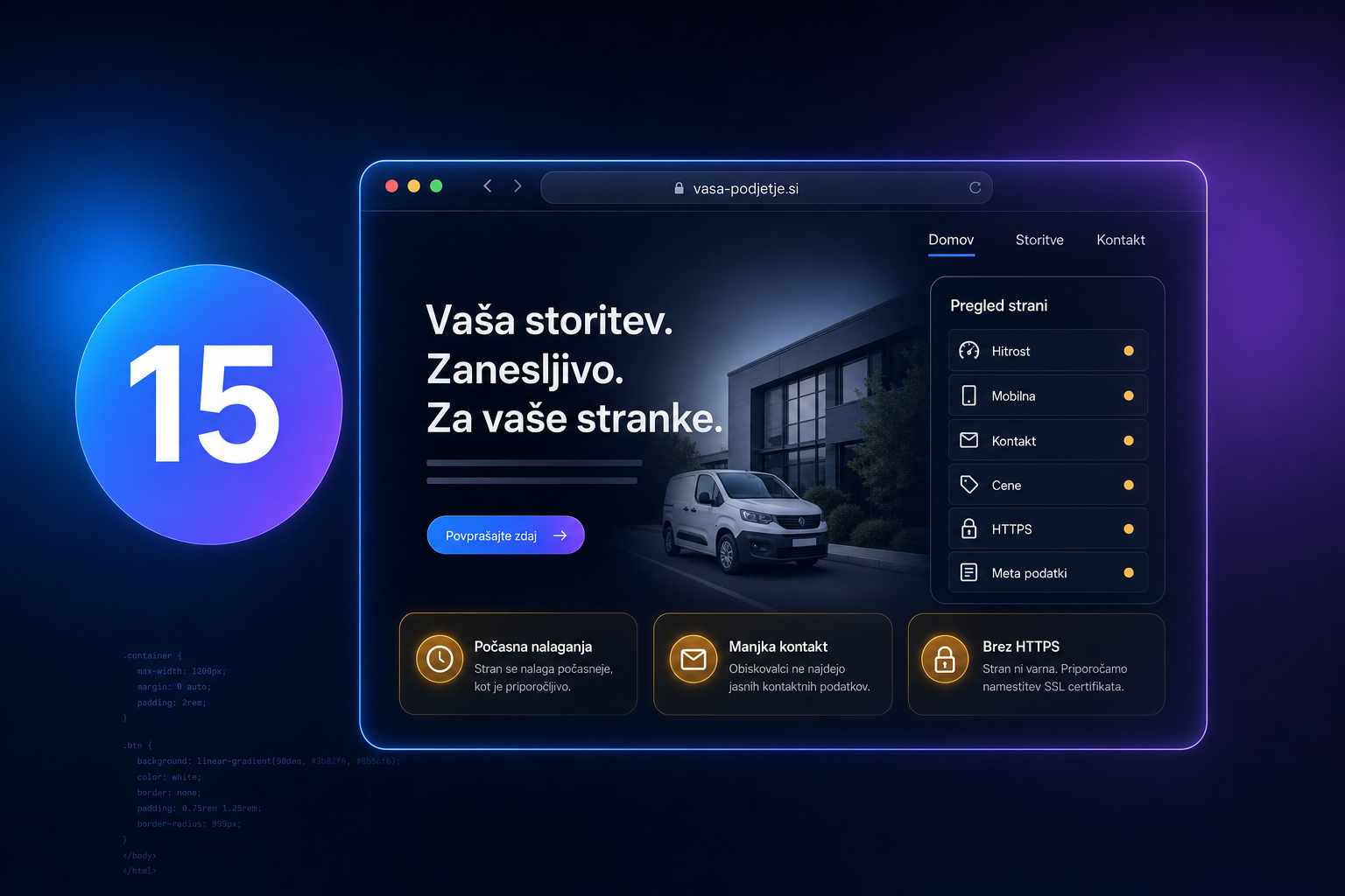 Pregled spletne strani slovenskega podjetja z 15 pogostimi napakami – hitrost, mobilna, kontakt, cene in HTTPS